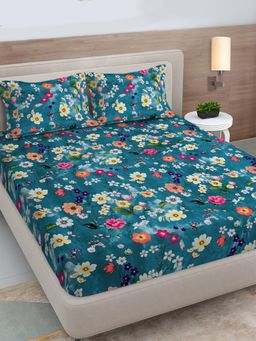 FABINALIV - Teal Floral 300 Tc King Size Double Bedsheet with 2 Pillow Covers
