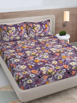 FABINALIV - Purple Floral 300 Tc King Size Double Bedsheet with 2 Pillow Covers
