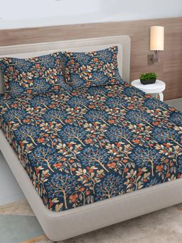 FABINALIV - Blue Floral 300 Tc King Size Double Bedsheet with 2 Pillow Covers