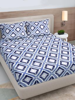 FABINALIV - Blue Geometric 300 Tc King Size Double Bedsheet with 2 Pillow Covers