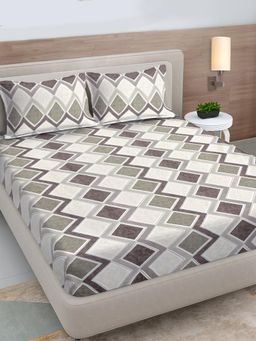 FABINALIV - Beige Geometric 300 Tc King Size Double Bedsheet with 2 Pillow Covers