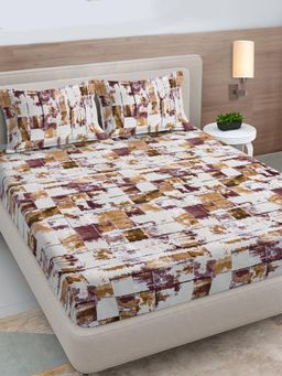 FABINALIV - Beige Geometric 300 Tc King Size Double Bedsheet with 2 Pillow Covers