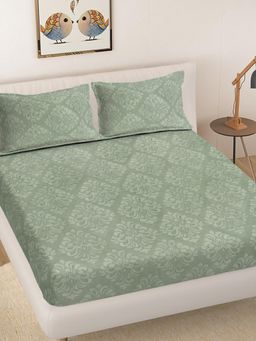 FABINALIV - Olive Printed 300 Tc King Size Embossed Double Bedsheet with 2 Pillow Covers