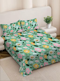 FABINALIV - Green Floral 300 Tc 7D King Size Double Bedsheet with 2 Pillow Covers