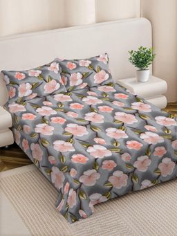 FABINALIV - Grey Floral 300 Tc 7D King Size Double Bedsheet with 2 Pillow Covers