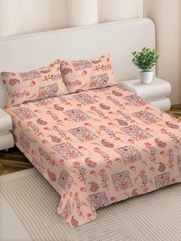 FABINALIV - Peach Floral 300 Tc King Size Double Bedsheet with 2 Pillow Covers