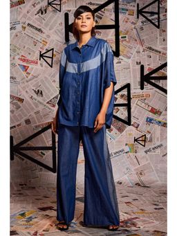 Echke - Blue Women Denim Collar Neck Solid Shirt with Pant Co-Ord's