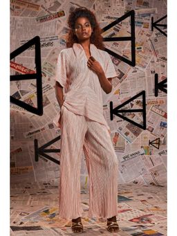 Echke - Beige Women Polyester Mandarin Neck Pleated Top with Pant Co-Ord's