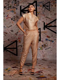 Echke - Rose Gold Women Polyester Collar Neck Solid Top with Pant Co-Ord's