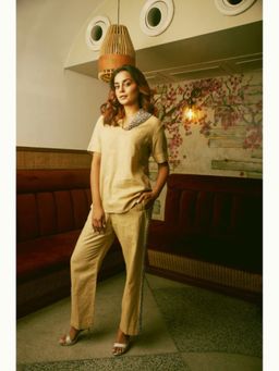 Echke - Beige Women Linen V-Neck Embellished Top with Pant Co-Ord's
