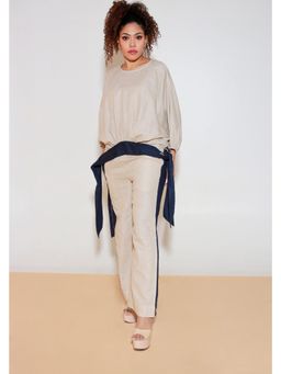 Echke - Beige Women Linen Round Neck Solid Top with Pant Co-Ord's
