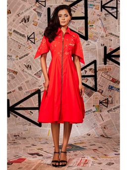 Echke - Red Cotton A-Line Dress