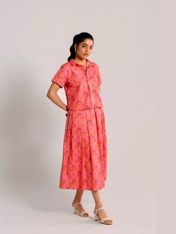 BUDUN - Jeena Peach Printed Pleated Skirt Set with Shirt