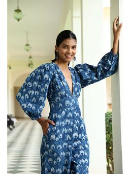 Okhai - Delphini Handblock Printed Pure Cotton Indigo Jumpsuit