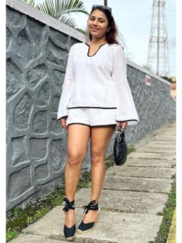 BUDUN - Tara White Linen Flared Sleeve Top and Shorts Co-Ord Set
