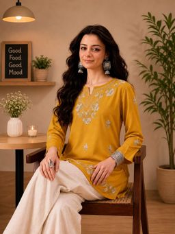 QAZMI - Zayesha Kashmiri Aari Work Viscose Rayon A-Line Flared Kurti