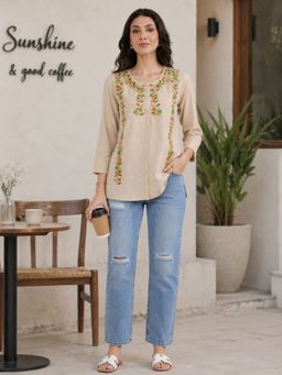 QAZMI - Beige Women Aari Embroidered Cotton Linen Buttoned Top