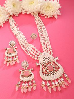 Zaveri Pearls - Pink White Peacock Meenakari Necklace Earring Ring Set-ZPFK15487