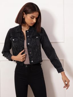 Twenty Dresses by Nykaa Fashion - Black Solid Collared Denim Jacket