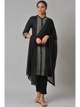 W - Black Printed Kurta with Slim Pants & Dupatta (Set of 3)