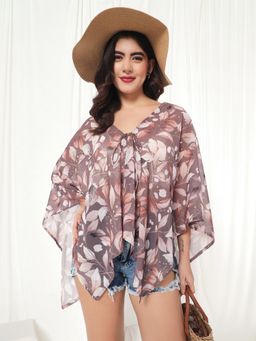 Tandul - Womens Charming Brown Tropical Printed Shrug