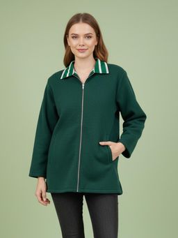 Qurvii - Green Zipper Fleece Printed Detailing Jacket