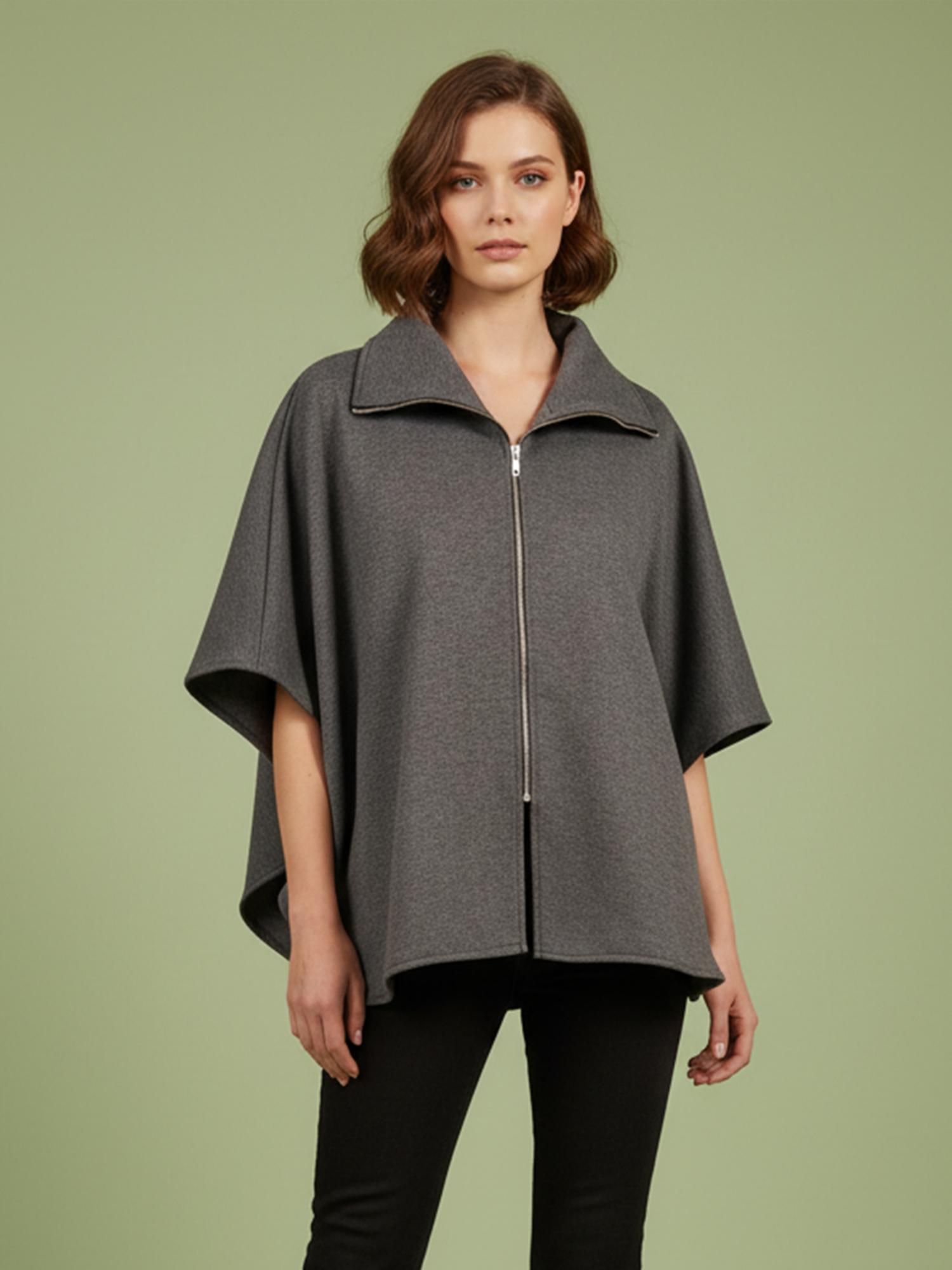 qurvii Grey Front Zipper Poncho Jacket-picture-10