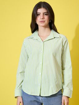 Buynewtrend - Womens Green Stripes Cotton Oversized Shirt
