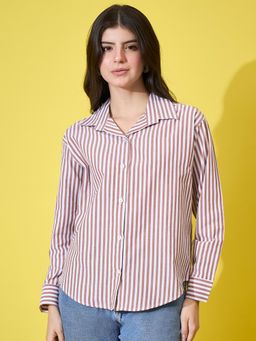 Buynewtrend - Womens Brown Stripes Cotton Oversized Shirt