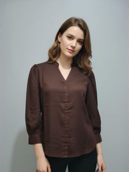 ANVI Be Yourself - Womens Solid Brown Rayon Button Down Casual Shirt