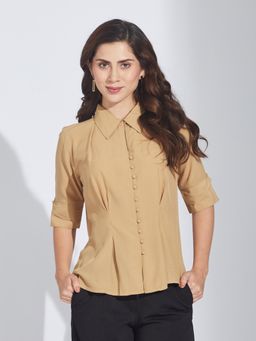Latin Quarters - Womens Beige Solid Half Sleeves Collar Neck Casual Regular Shirt