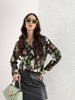 Kibo - Womens Black Floral Printed Satin Shirt