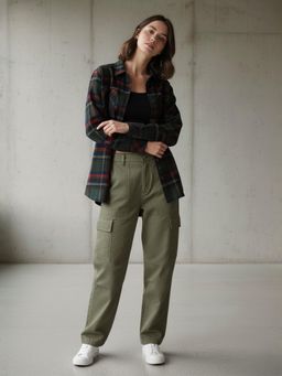 Popnetic - Womens Green Pure Cotton Flannel Oversized Shirt