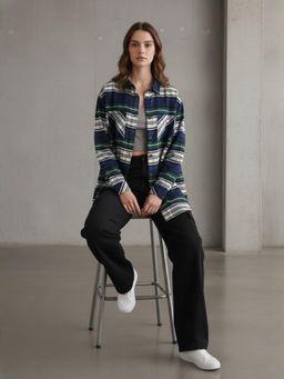 Popnetic - Womens Navy Blue Pure Cotton Flannel Oversized Shirt