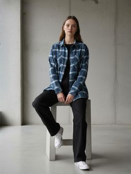 Popnetic - Womens Blue Pure Cotton Flannel Oversized Shirt