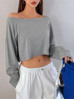 Outzidr - Grey Off-Shoulder Boxy Fit Sweatshirt