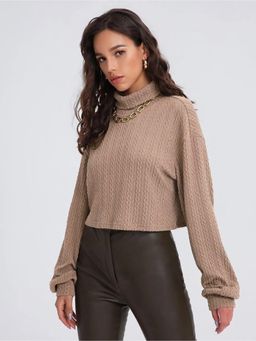 Outzidr - Beige Full Sleeve Mock Neck Textured Sweatshirt