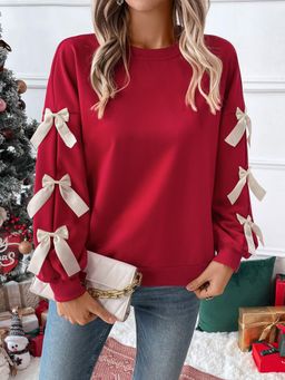 Outzidr - Red Full Sleeve Bow Trim Sweatshirt