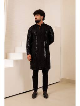 MENERO - Sequin Embroidered Black Kurta with Pant
