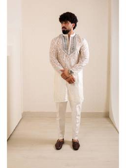 MENERO - Mirror Embroidered Off-White Kurta with Pant