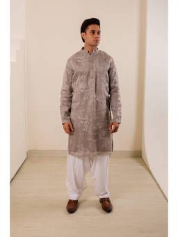 MENERO - Floral and Mirror Embroidered Grey Kurta with Pant