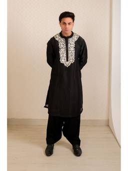 MENERO - Gota Embroidered Black Kurta with Pant
