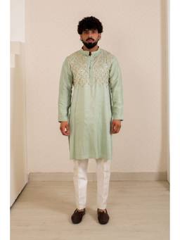 MENERO - Hand Embroidered Green Kurta with Pant