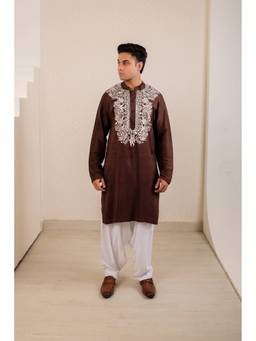 MENERO - Embroidered Brown Kurta with Pathani