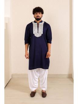 MENERO - Embroidered Navy-Blue Kurta with Pathani