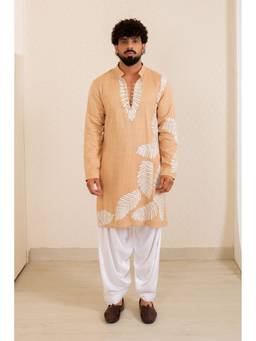 MENERO - Leaf-Motif Embroidered Beige Kurta with Pant