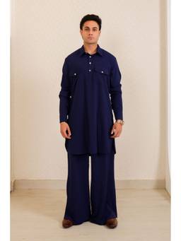 MENERO - Full Sleeve Navy-Blue Short Kurta with Pant