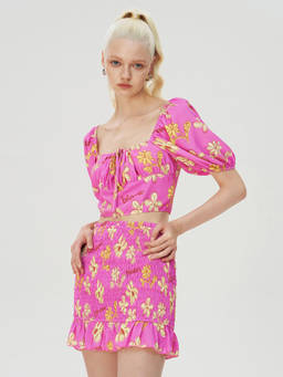 Cider - Puff Sleeve Women Floral Print Tie-Up Crop Top Pink