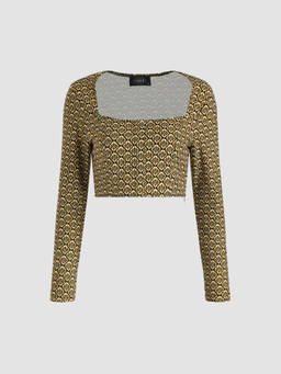 Cider - Geometric Print Women Square Neck Crop Top Mustard