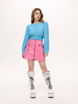 Cider - Dreamy Women's Ribbed Button-Front Cropped Jacket Blue